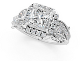 Silver 1.09 Carat E VS1 Princess Diamond Halo Ring with Milgrain Pavé Band and Four-Prong Setting