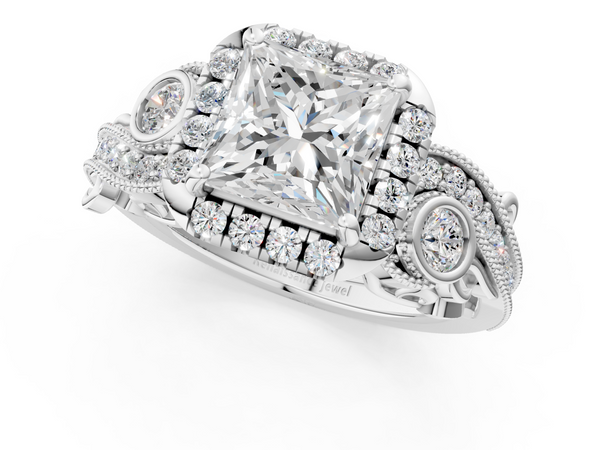 Silver 1.09 Carat E VS1 Princess Diamond Halo Ring with Milgrain Pavé Band and Four-Prong Setting