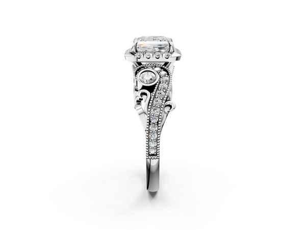 Silver 1.09 Carat E VS1 Princess Diamond Halo Ring with Milgrain Pavé Band and Four-Prong Setting