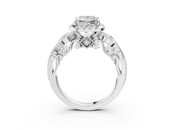 Silver 1.09 Carat E VS1 Princess Diamond Halo Ring with Milgrain Pavé Band and Four-Prong Setting