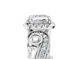 Silver 1.09 Carat E VS1 Princess Diamond Halo Ring with Milgrain Pavé Band and Four-Prong Setting