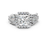 White gold Princess Cut Halo Diamond Ring with Milgrain and Bezel Accents on a Split Shank Band_15