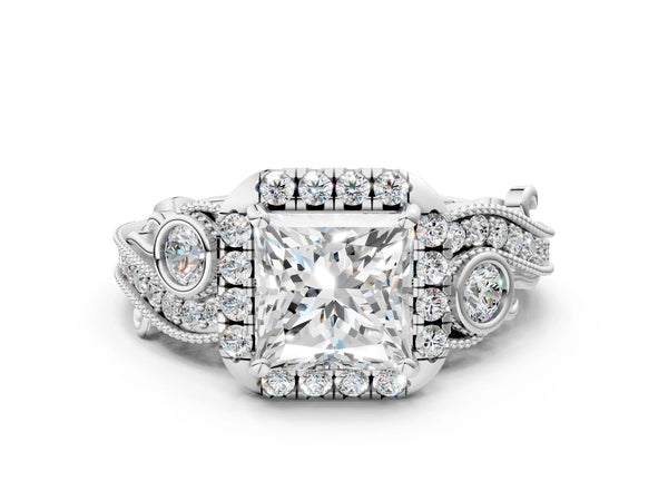 White gold Princess Cut Halo Diamond Ring with Milgrain and Bezel Accents on a Split Shank Band
