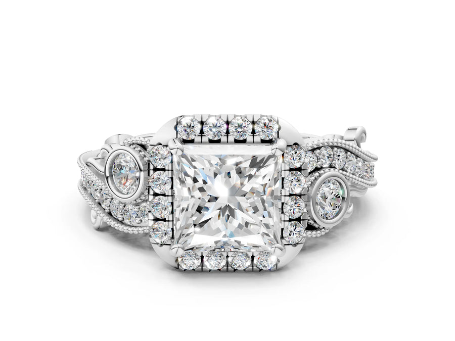 White gold Princess Cut Halo Diamond Ring with Milgrain and Bezel Accents on a Split Shank Band
