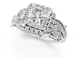 White gold Princess Cut Halo Diamond Ring with Milgrain and Bezel Accents on a Split Shank Band_16