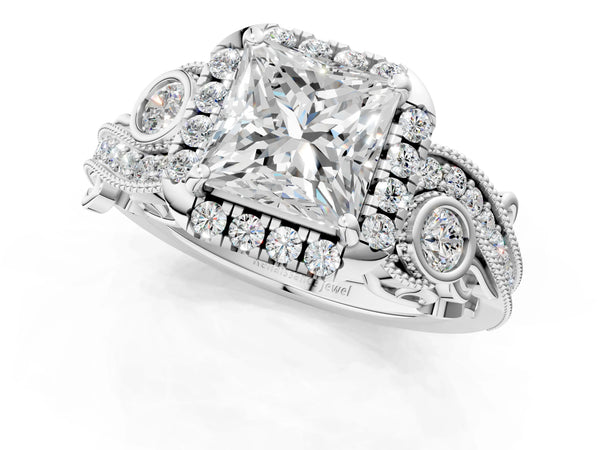 White gold Princess Cut Halo Diamond Ring with Milgrain and Bezel Accents on a Split Shank Band