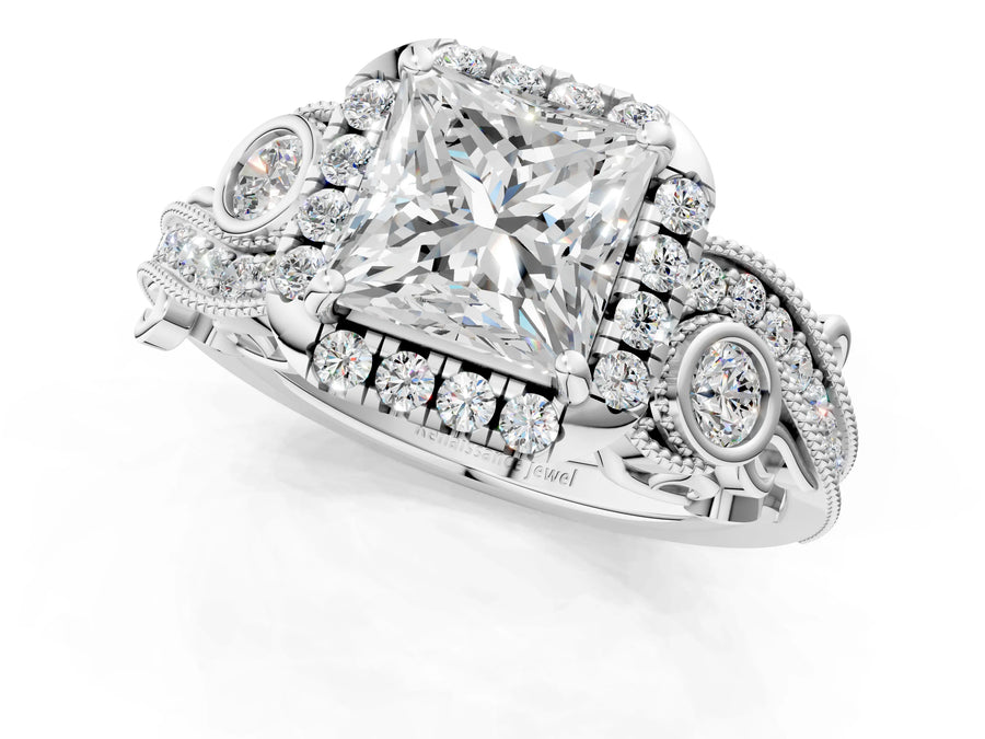 White gold Princess Cut Halo Diamond Ring with Milgrain and Bezel Accents on a Split Shank Band
