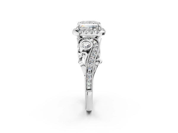 White gold Princess Cut Halo Diamond Ring with Milgrain and Bezel Accents on a Split Shank Band