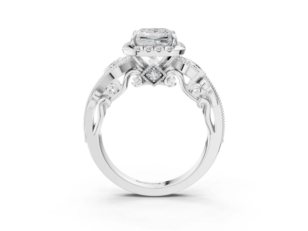 White gold Princess Cut Halo Diamond Ring with Milgrain and Bezel Accents on a Split Shank Band