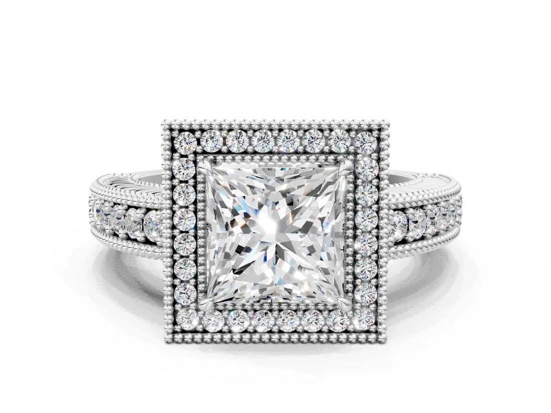 White gold Princess Cut Halo Diamond Ring with Pavé Band and Four-Prong Setting_74