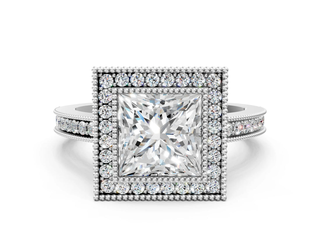 White gold Princess Cut Halo Diamond Ring with Pavé Band and Milgrain Prong Setting_31