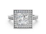 White gold Princess Cut Halo Diamond Ring with Pavé Band and Milgrain Prong Setting_31