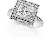 White gold Princess Cut Halo Diamond Ring with Pavé Band and Milgrain Prong Setting_32