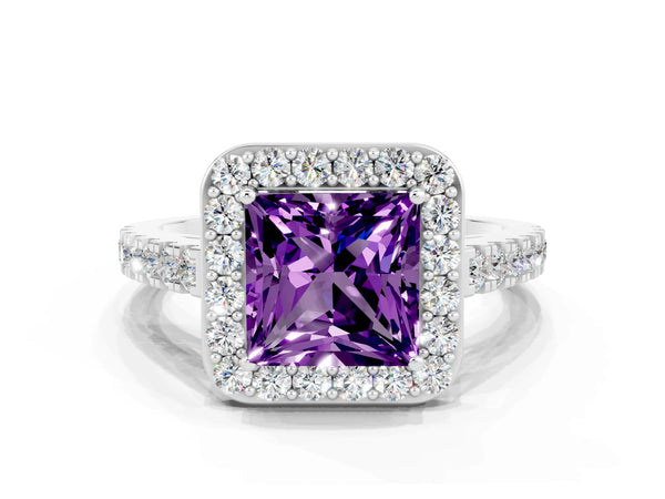 Platinum Princess Cut Amethyst Halo Ring with Round Pavé Split Shank and Prong Setting