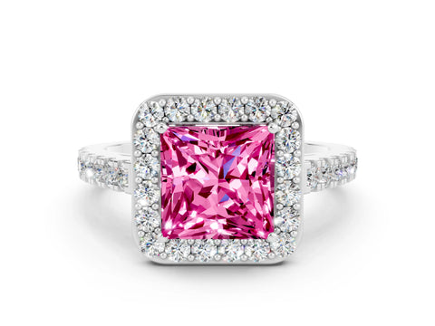 White gold Princess Cut Halo Diamond Ring with Pavé Band and Three-Prong Setting