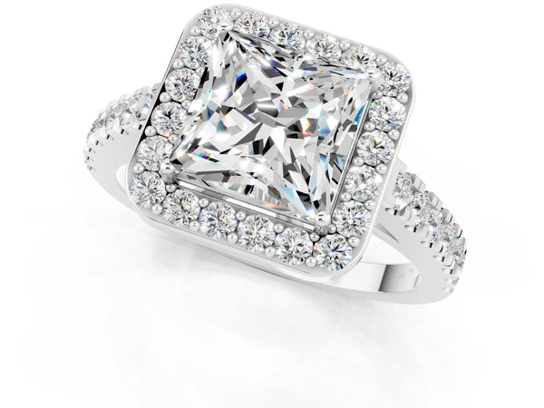 Platinum Princess Cut Moissanite Halo Ring with Round Pavé Split Shank and Prong Setting