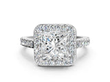 White gold Princess Cut Halo Diamond Ring with Pavé Band and Three-Prong Setting_108