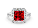 White gold Princess Cut Halo Diamond Ring with Pavé Band and Three-Prong Setting