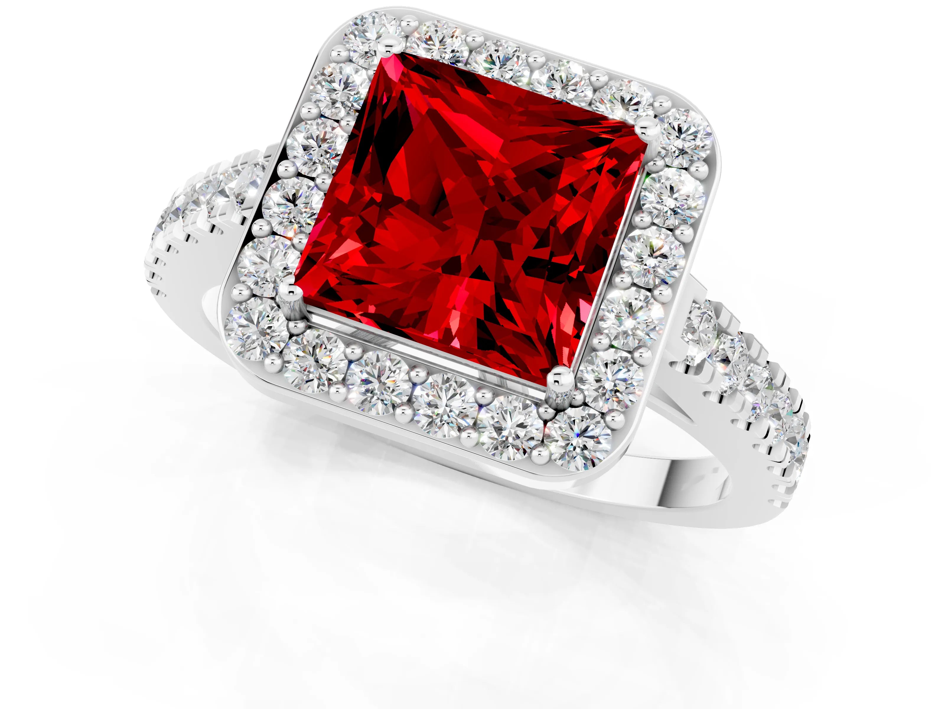 White gold Princess Cut Halo Diamond Ring with Pavé Band and Three-Prong Setting_1