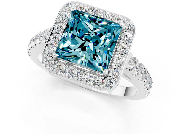 White gold Princess Cut Halo Diamond Ring with Pavé Band and Three-Prong Setting