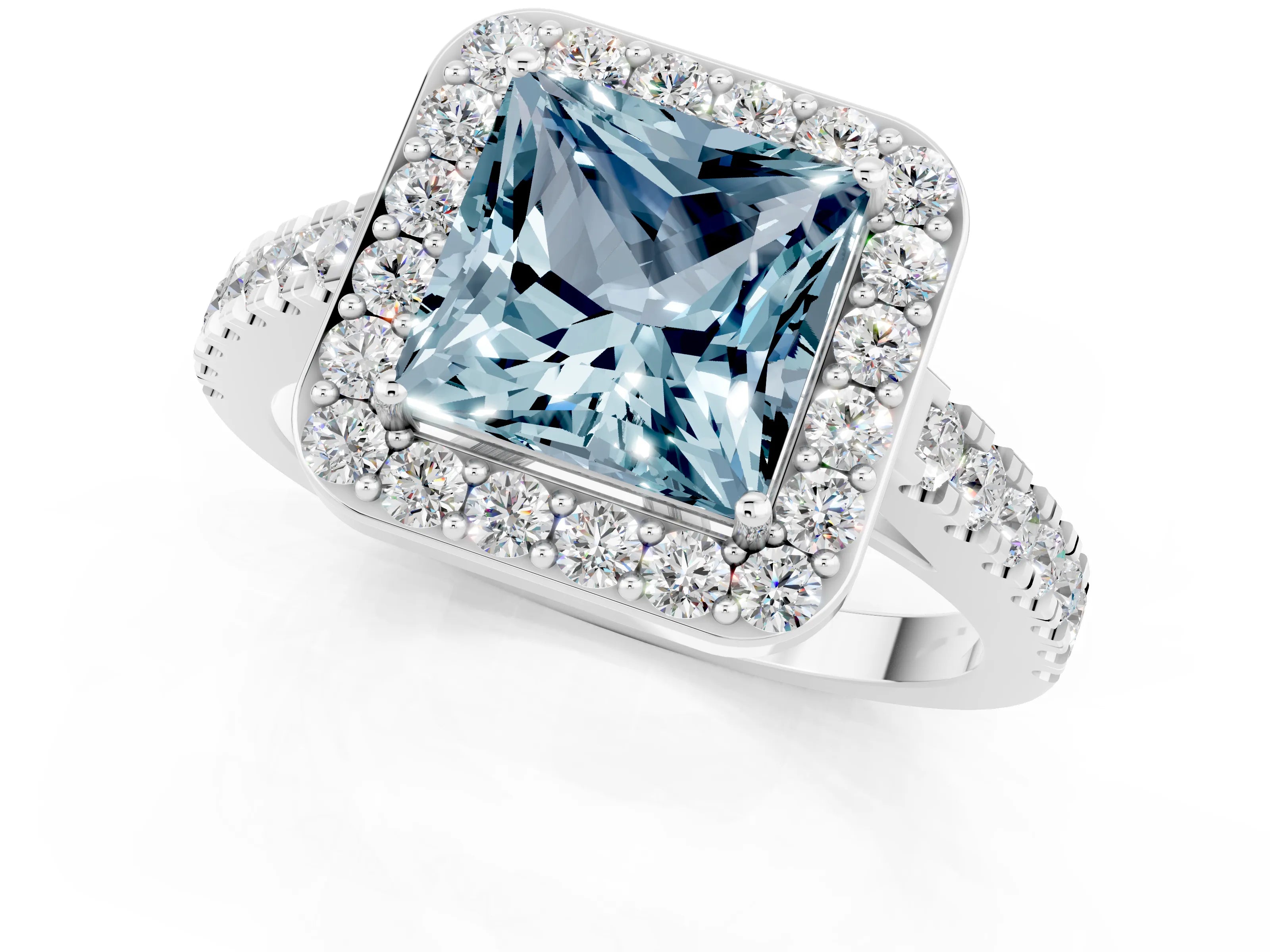 White gold Princess Cut Halo Diamond Ring with Pavé Band and Three-Prong Setting_1