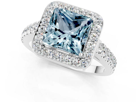 White gold Princess Cut Halo Diamond Ring with Pavé Band and Three-Prong Setting_1