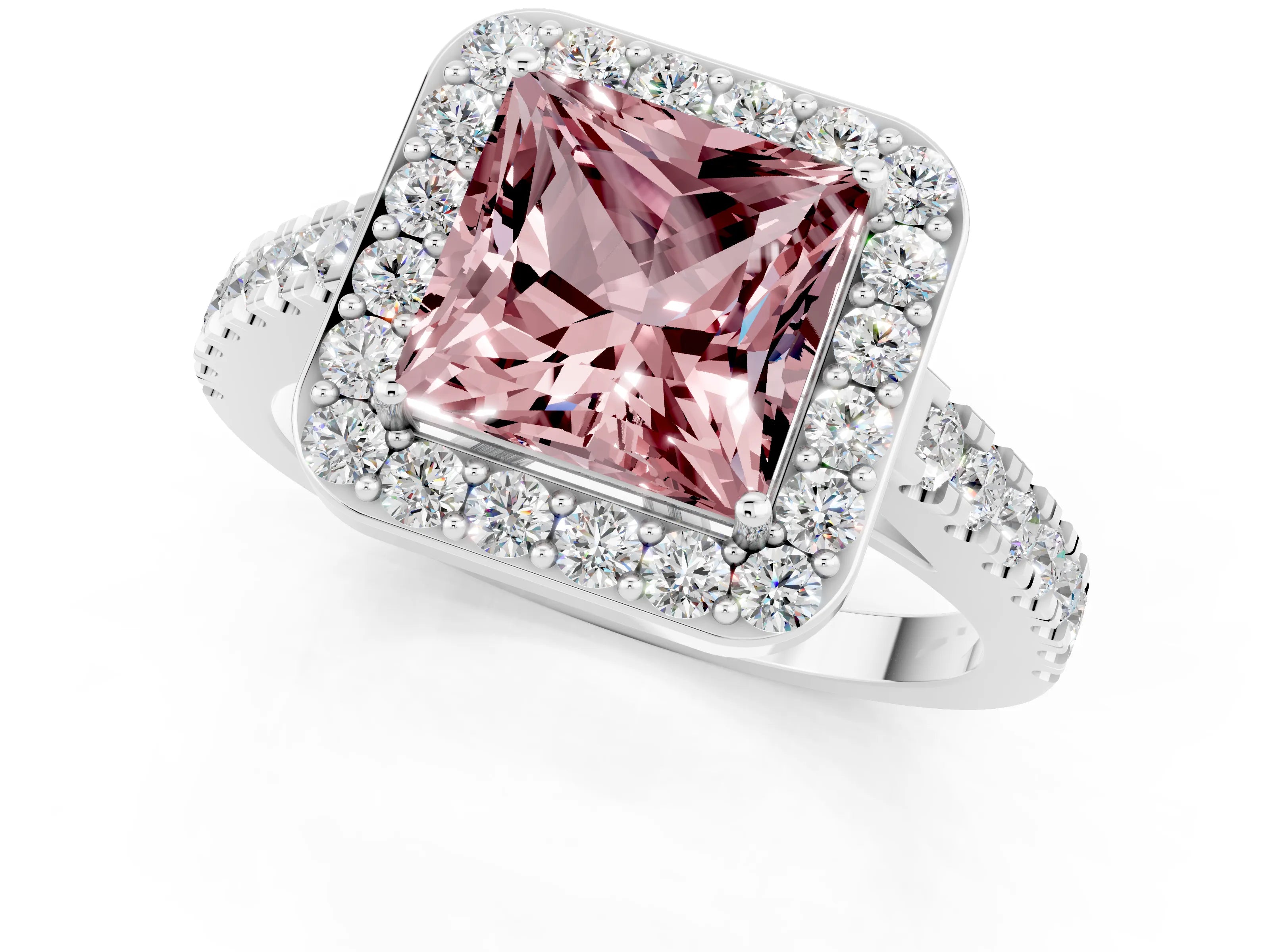 White gold Princess Cut Halo Diamond Ring with Pavé Band and Three-Prong Setting_1