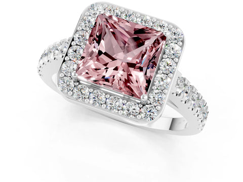 White gold Princess Cut Halo Diamond Ring with Pavé Band and Three-Prong Setting_1