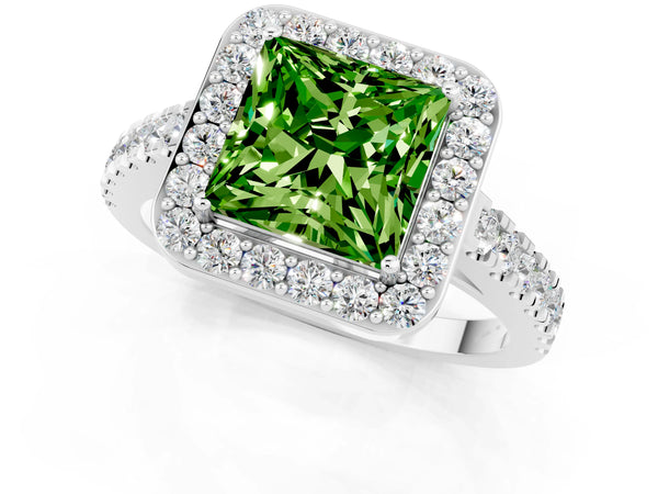 Platinum Princess Cut Halo Diamond Ring with Pavé Band and Three-Prong Setting