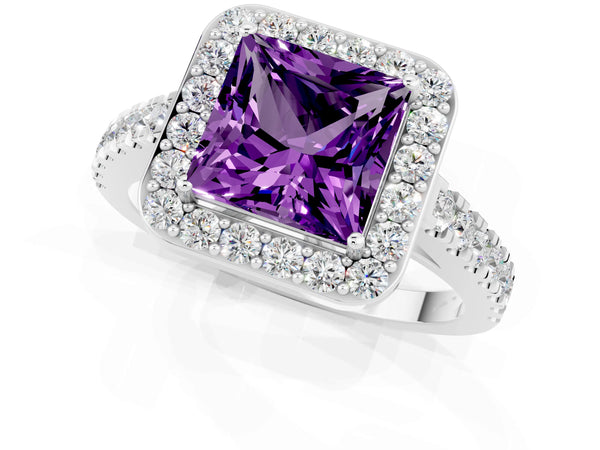 White gold Princess Cut Amethyst Halo Ring with Round Pavé Split Shank and Prong Setting