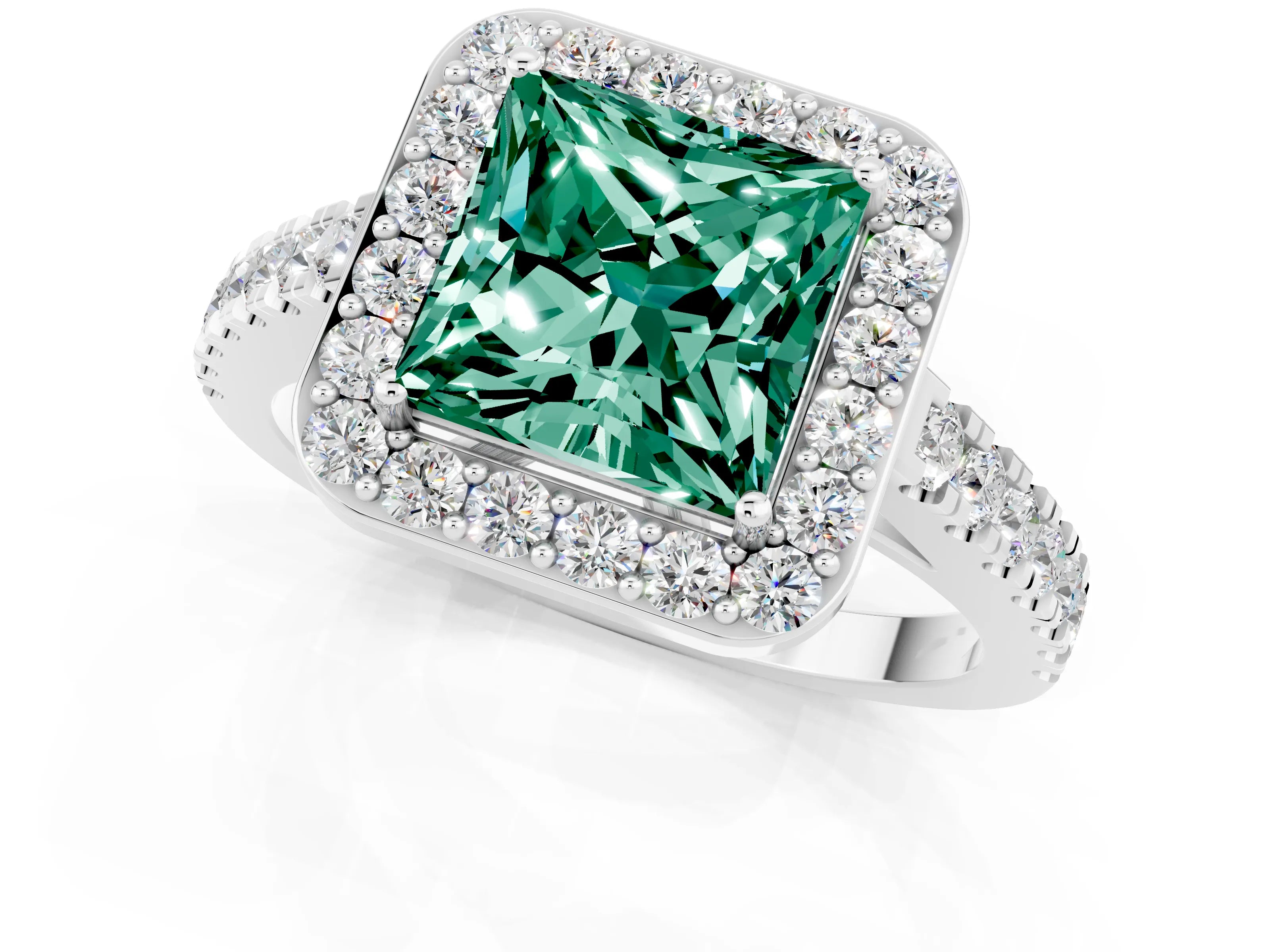 White gold Princess Cut Halo Diamond Ring with Pavé Band and Three-Prong Setting_1