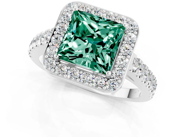 Platinum Princess Cut Green Sapphire Halo Ring with Round Pavé Split Shank and Prong Setting