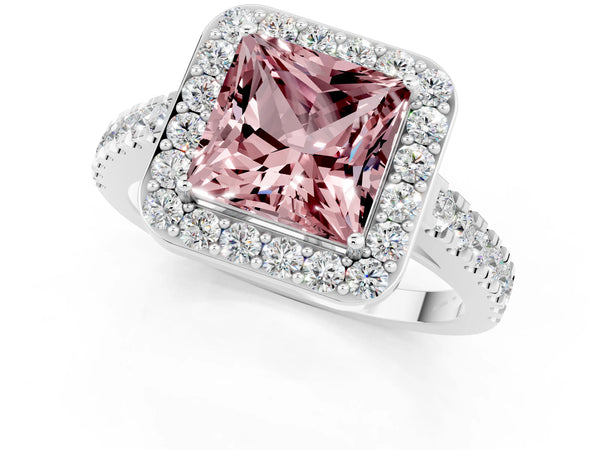 White gold Princess Cut Halo Diamond Ring with Pavé Band and Three-Prong Setting