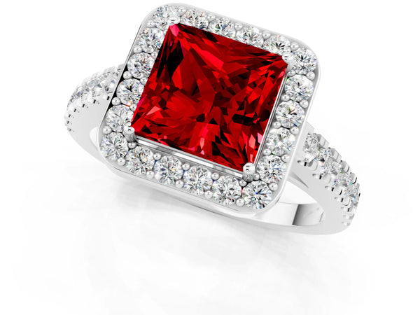 White gold Princess Cut Ruby Halo Ring with Round Pavé Split Shank and Prong Setting