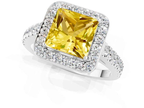 Platinum Princess Cut Yellow Sapphire Halo Ring with Round Pavé Split Shank and Prong Setting