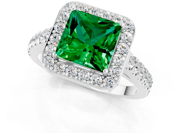 Silver Princess Cut Emerald Halo Ring with Round Pavé Split Shank and Prong Setting