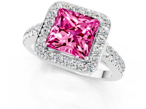 White gold Princess Cut Halo Diamond Ring with Pavé Band and Three-Prong Setting_1