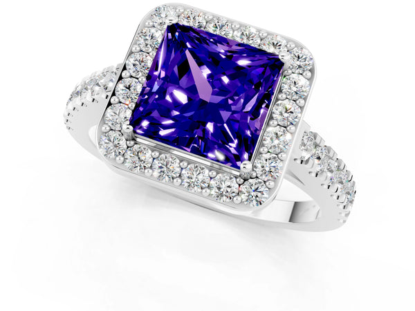 Silver Princess Cut Tanzanite Halo Ring with Round Pavé Split Shank and Prong Setting