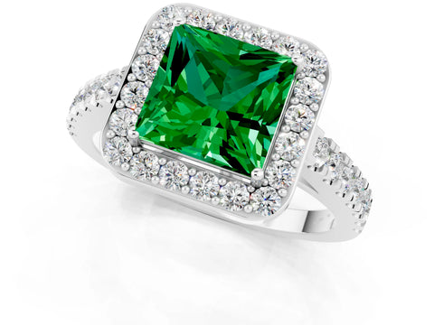 White gold Princess Cut Halo Diamond Ring with Pavé Band and Three-Prong Setting_1