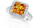 White gold Princess Cut Halo Diamond Ring with Pavé Band and Three-Prong Setting_1