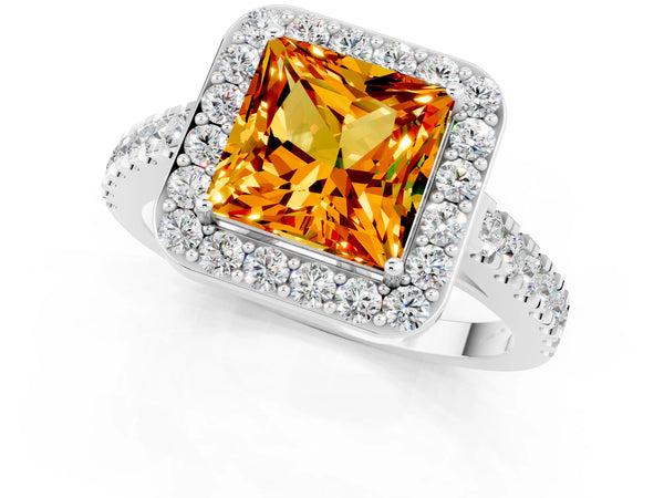 Silver Princess Cut Citrine Halo Ring with Round Pavé Split Shank and Prong Setting