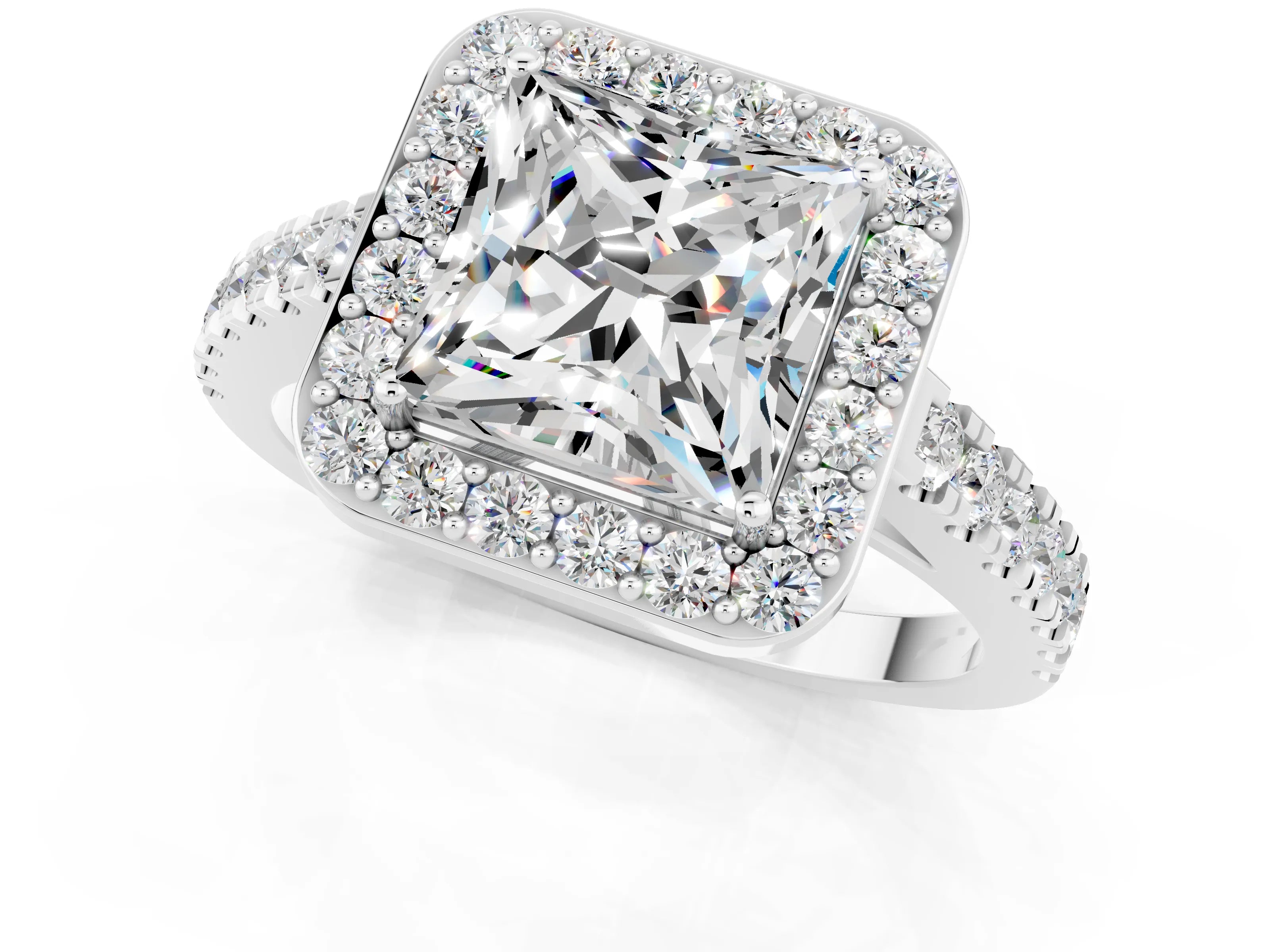 White gold Princess Cut Halo Diamond Ring with Pavé Band and Three-Prong Setting_1