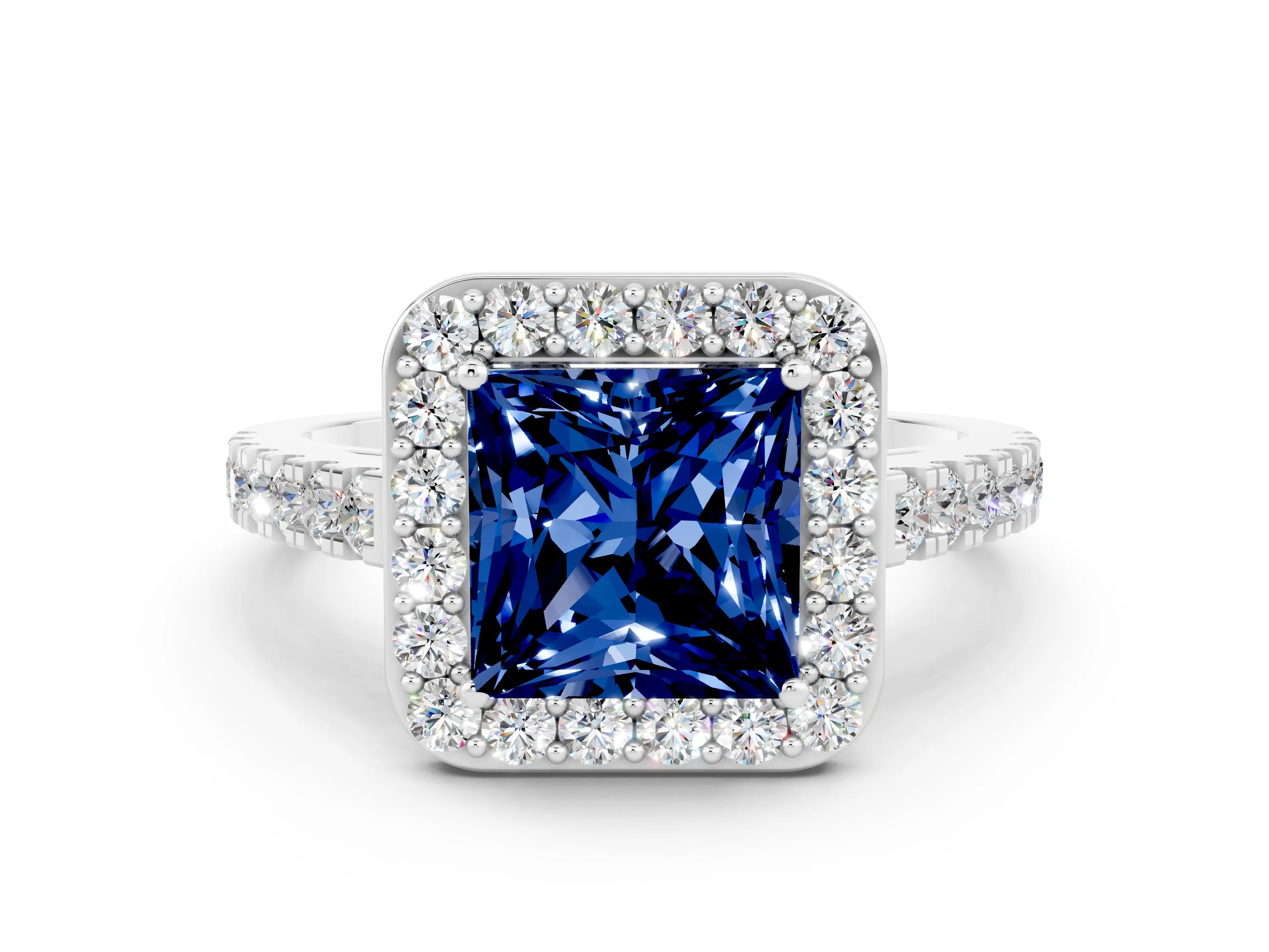 White gold Princess Cut Halo Diamond Ring with Pavé Band and Three-Prong Setting