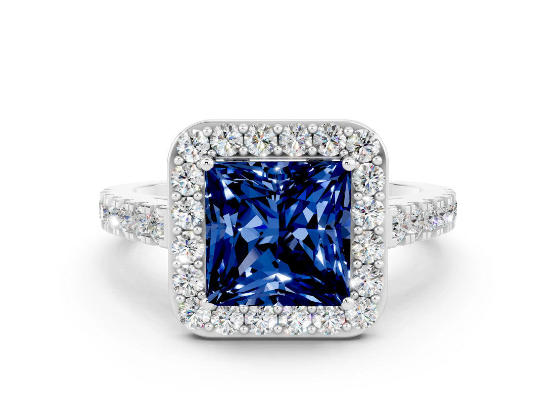White gold Princess Cut Halo Diamond Ring with Pavé Band and Three-Prong Setting