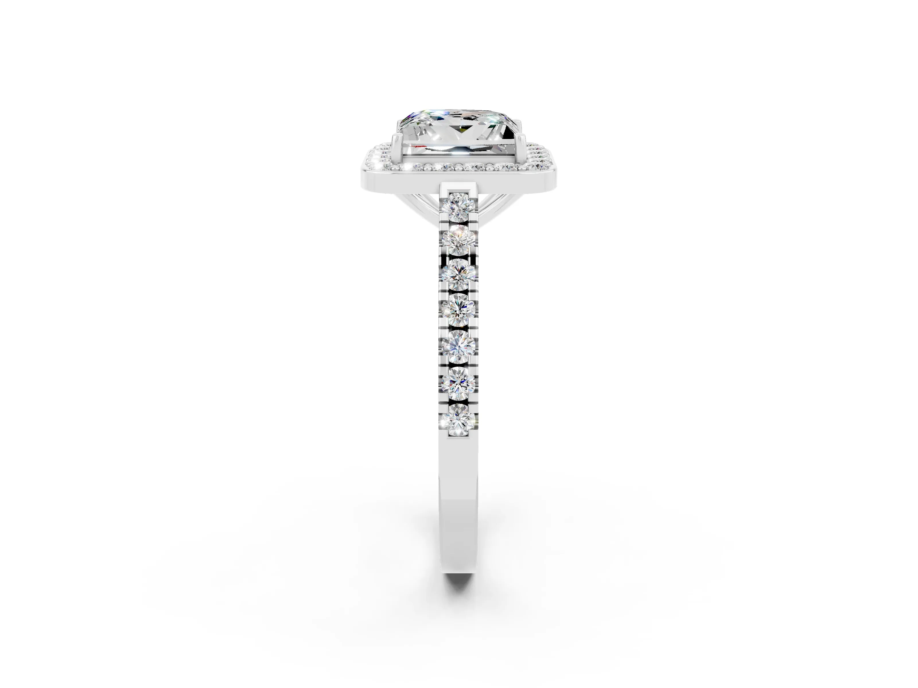 White gold Princess Cut Halo Diamond Ring with Pavé Band and Three-Prong Setting_2