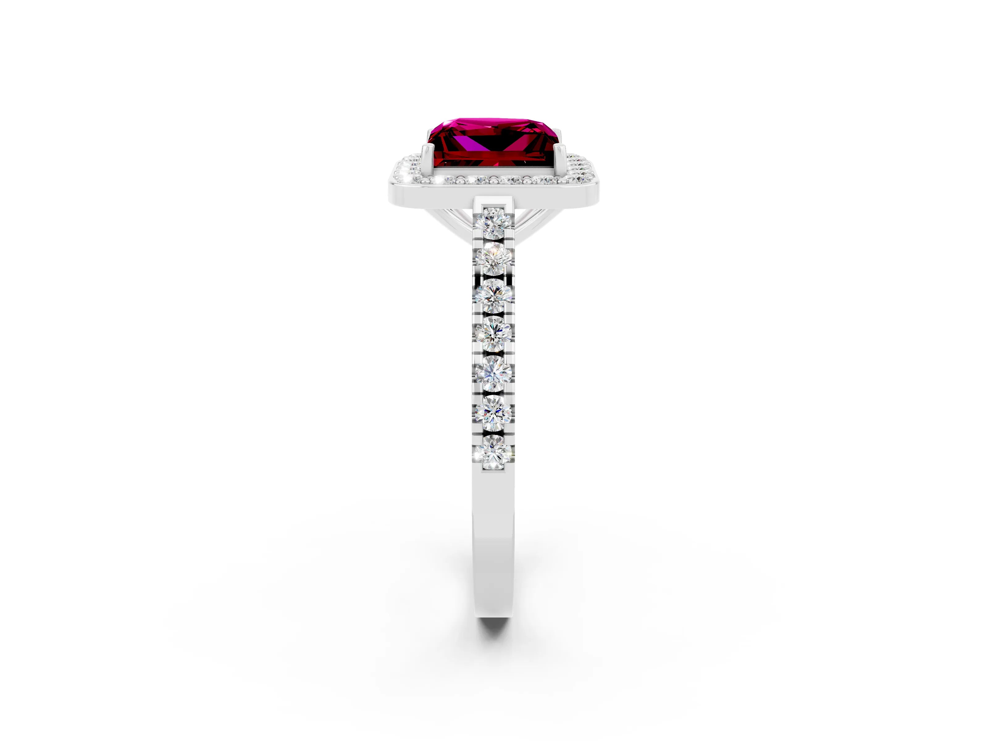 White gold Princess Cut Halo Diamond Ring with Pavé Band and Three-Prong Setting_2