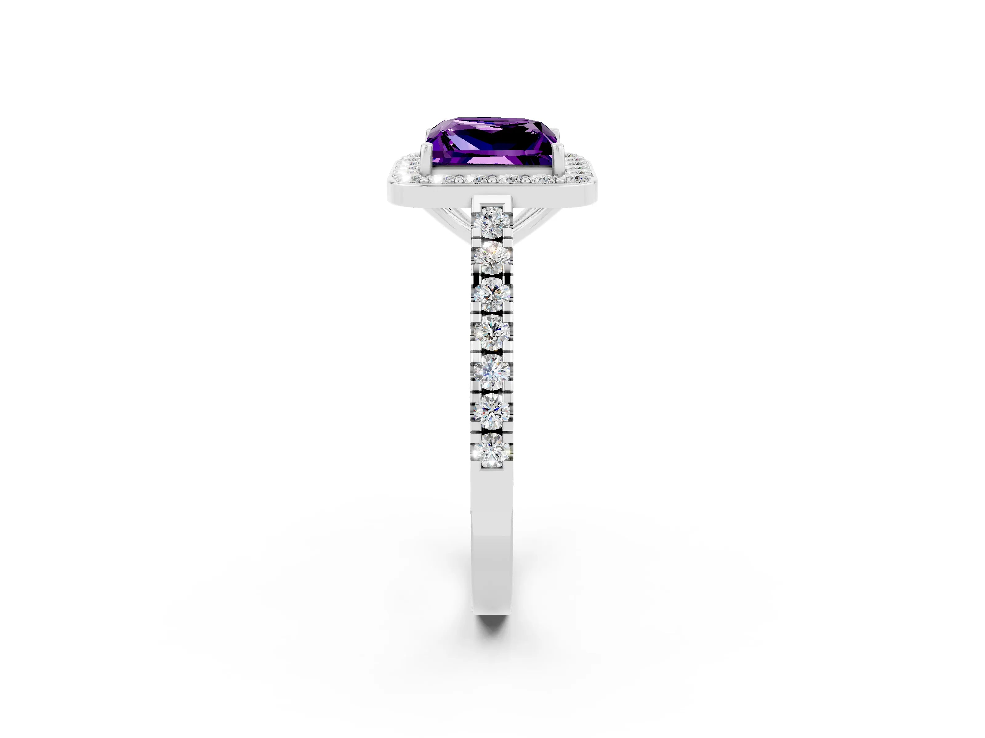 White gold Princess Cut Halo Diamond Ring with Pavé Band and Three-Prong Setting_2