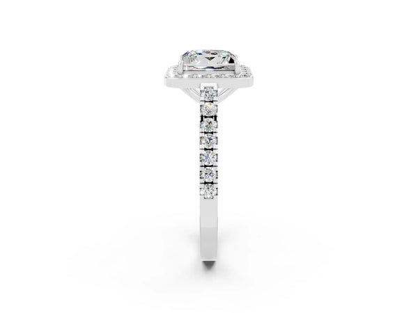 Silver Princess Cut Moissanite Halo Ring with Round Pavé Split Shank and Prong Setting