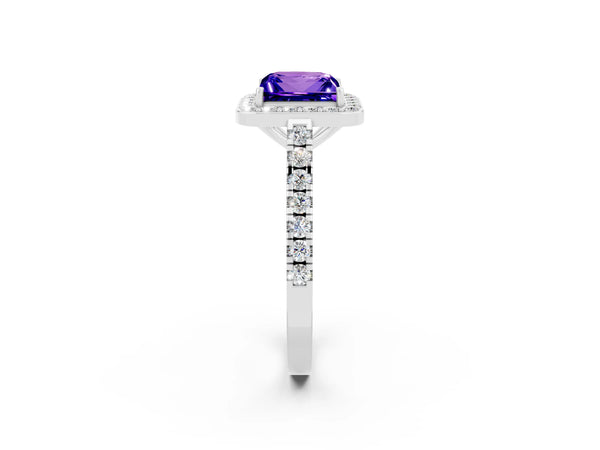 White gold Princess Cut Tanzanite Halo Ring with Round Pavé Split Shank and Prong Setting