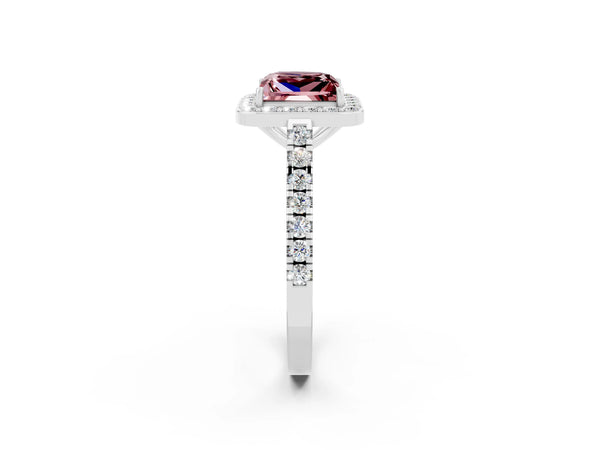 Silver Princess Cut Halo Diamond Ring with Pavé Band and Three-Prong Setting